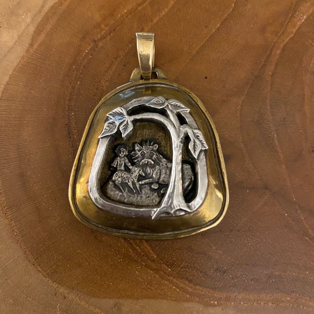 Retired Jeep Collins Lion And Lamb Shadowbox Pendant, Brass & Sterling Silver